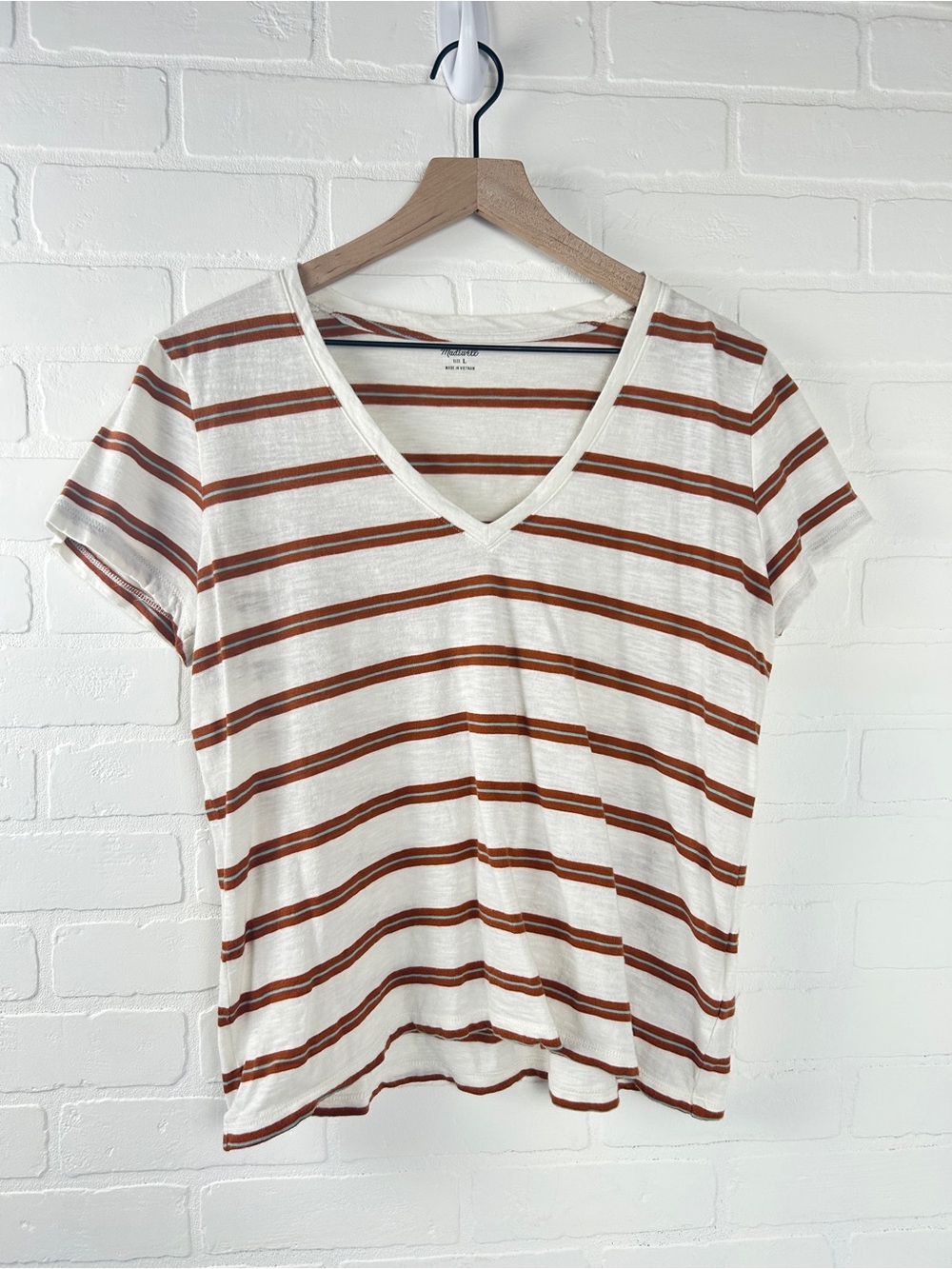 Madewell Cream V-Neck Tee with Brown Stripes